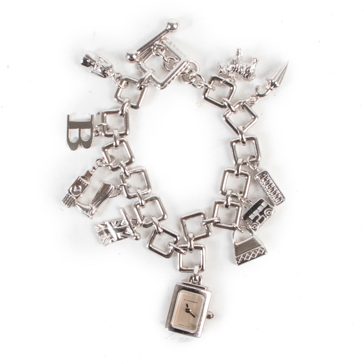 Shop safe online authentic Burberry Silver Charm Bracelet Watch.