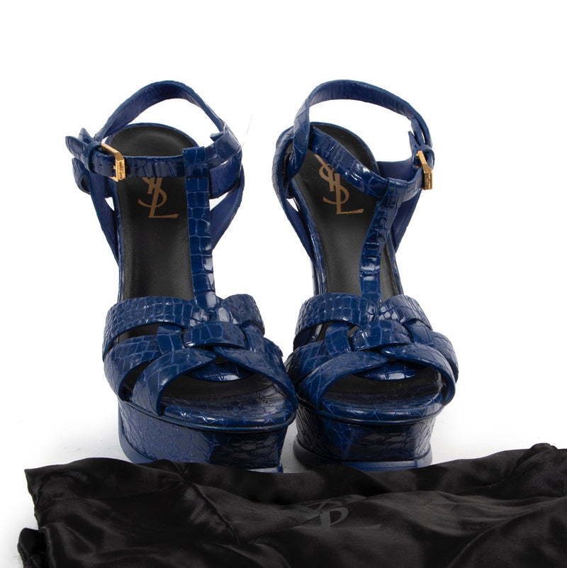 Veilig online kopen van authentieke Saint Laurent blauwe croco sandalen in maat 38,5.