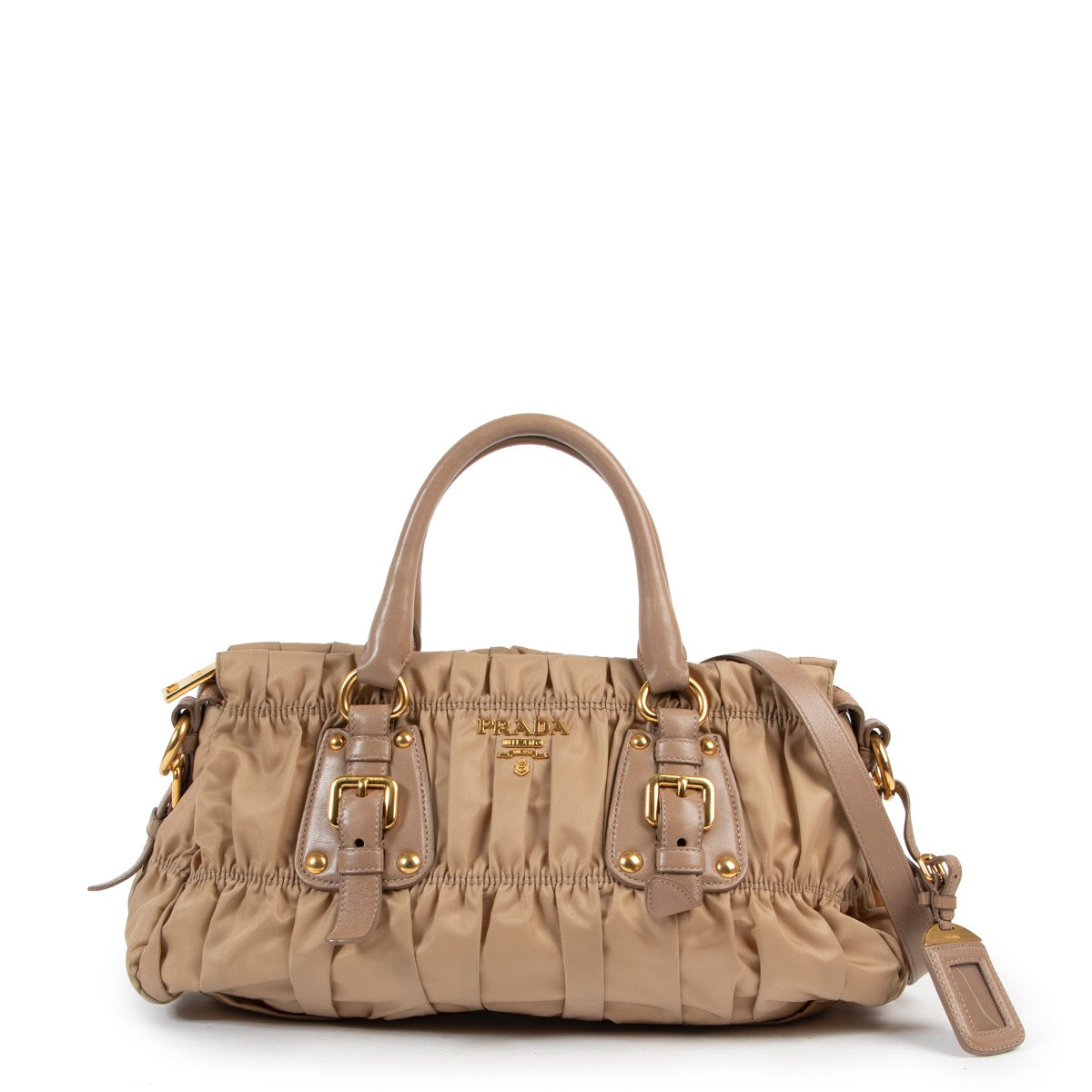 Shop safe online authentic second hand Prada Beige Nylon Top Handle Bag.