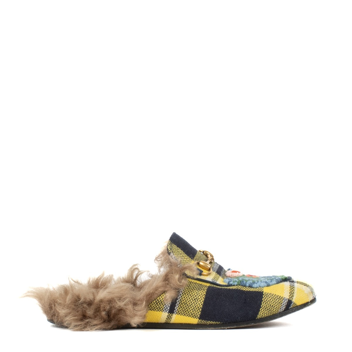 Shop 100% authentic Gucci Yellow Check Princetown Fur Mules - Size 38 at Labellov.com.