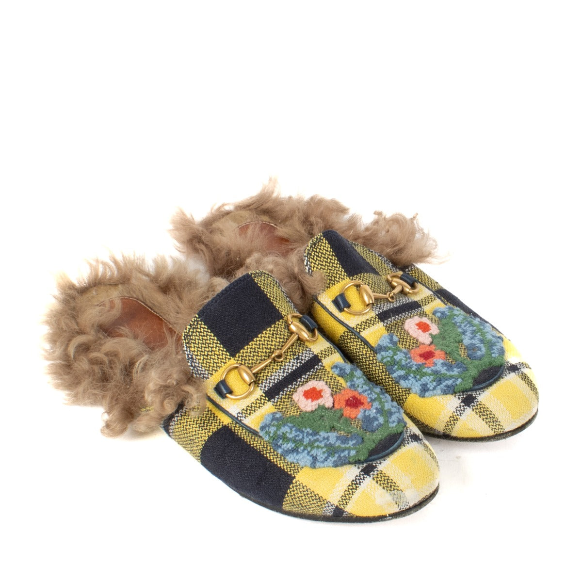 Shop 100% authentic Gucci Yellow Check Princetown Fur Mules - Size 38 at Labellov.com.