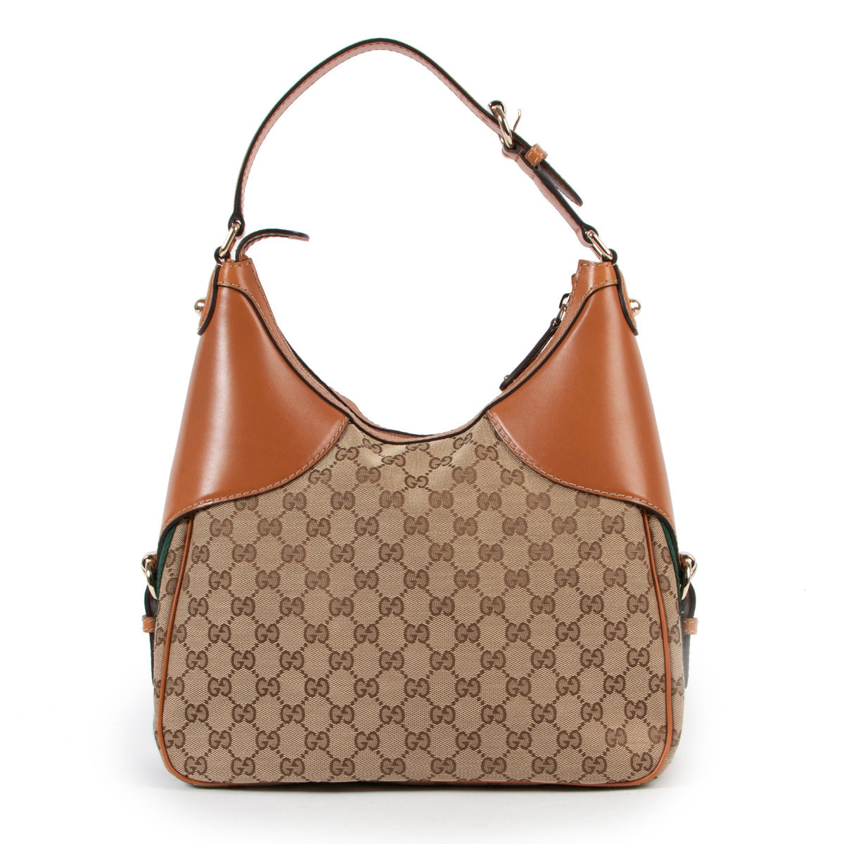 Gucci schoudertas van camelkleurig leer en monogramstof