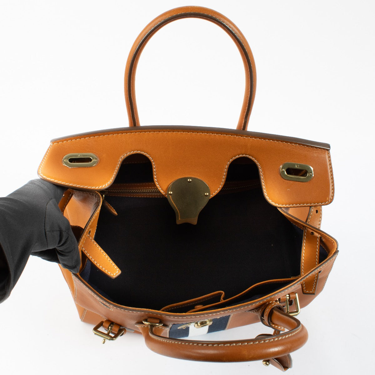Authentic second hand Ralph Lauren Collection Tan/Navy Striped Soft Ricky 33 Bag on Labellov.com
