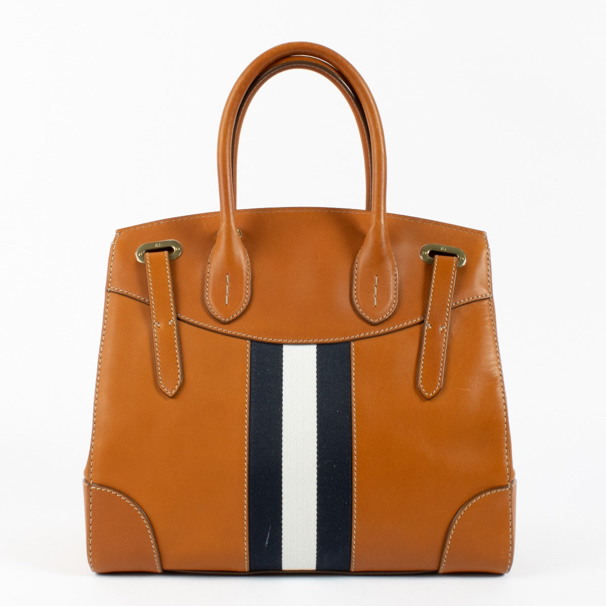 Authentic second hand Ralph Lauren Collection Tan/Navy Striped Soft Ricky 33 Bag on Labellov.com