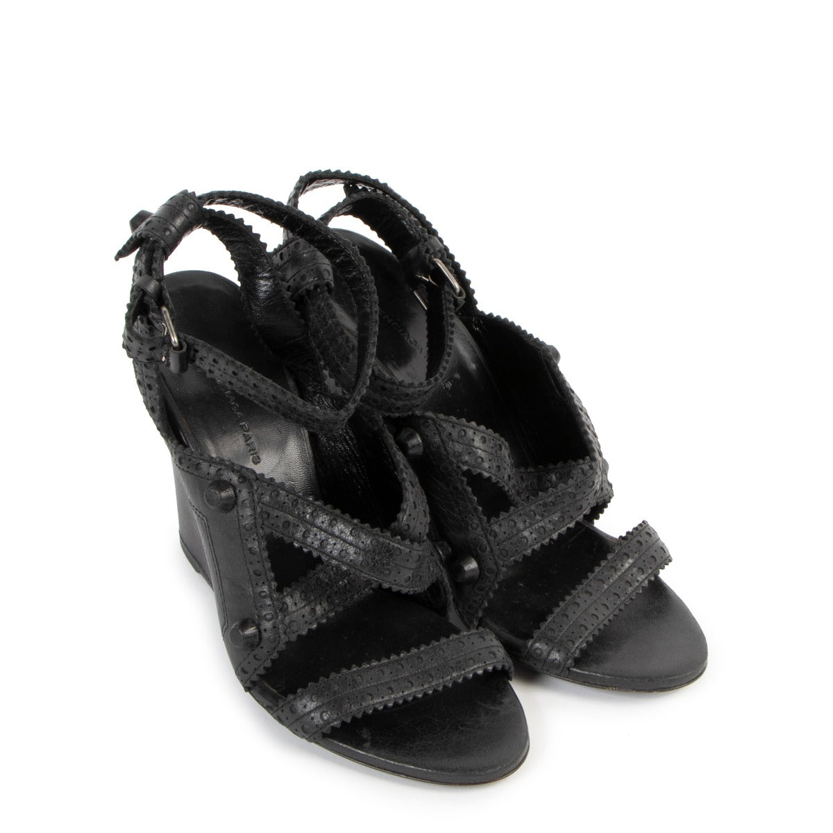 Balenciaga Black Brogue Arena Ankle Strap Wedge Sandals