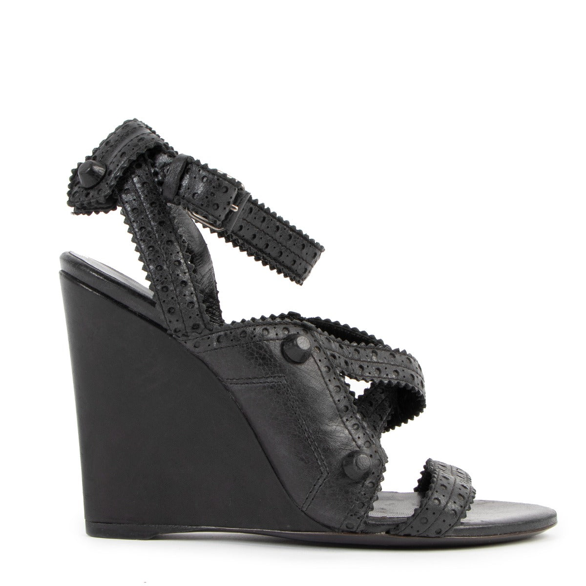 Balenciaga Black Brogue Arena Ankle Strap Wedge Sandals