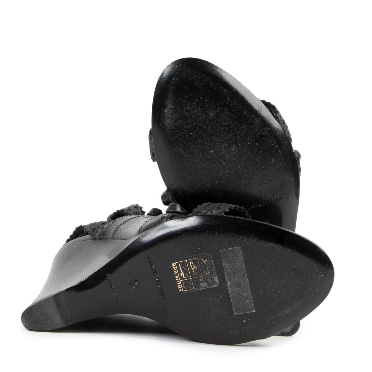 Balenciaga Black Brogue Arena Ankle Strap Wedge Sandals