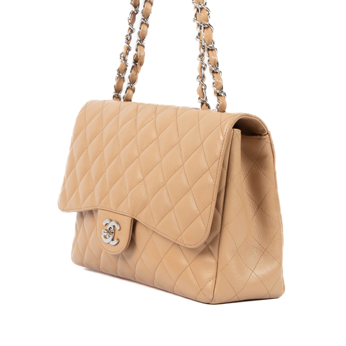 Chanel Beige Caviar Leren Grote Klassieke Single Flap Tas