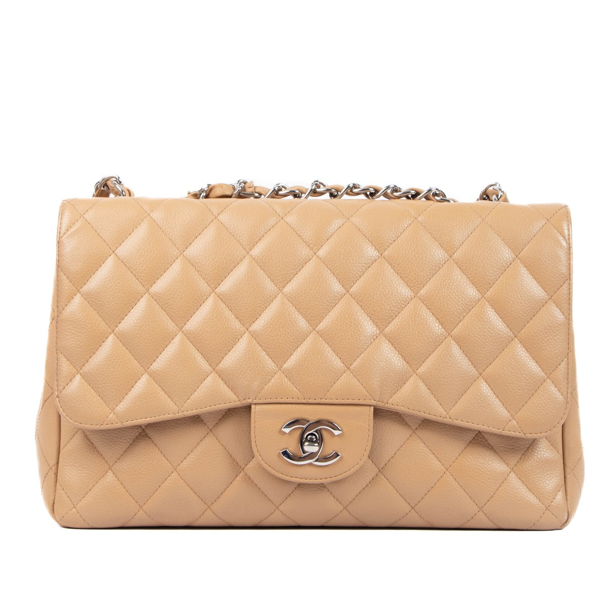 Shop this authentic second hand Chanel Beige Caviar Leather Large Classic Flap Bag on Labellov.com