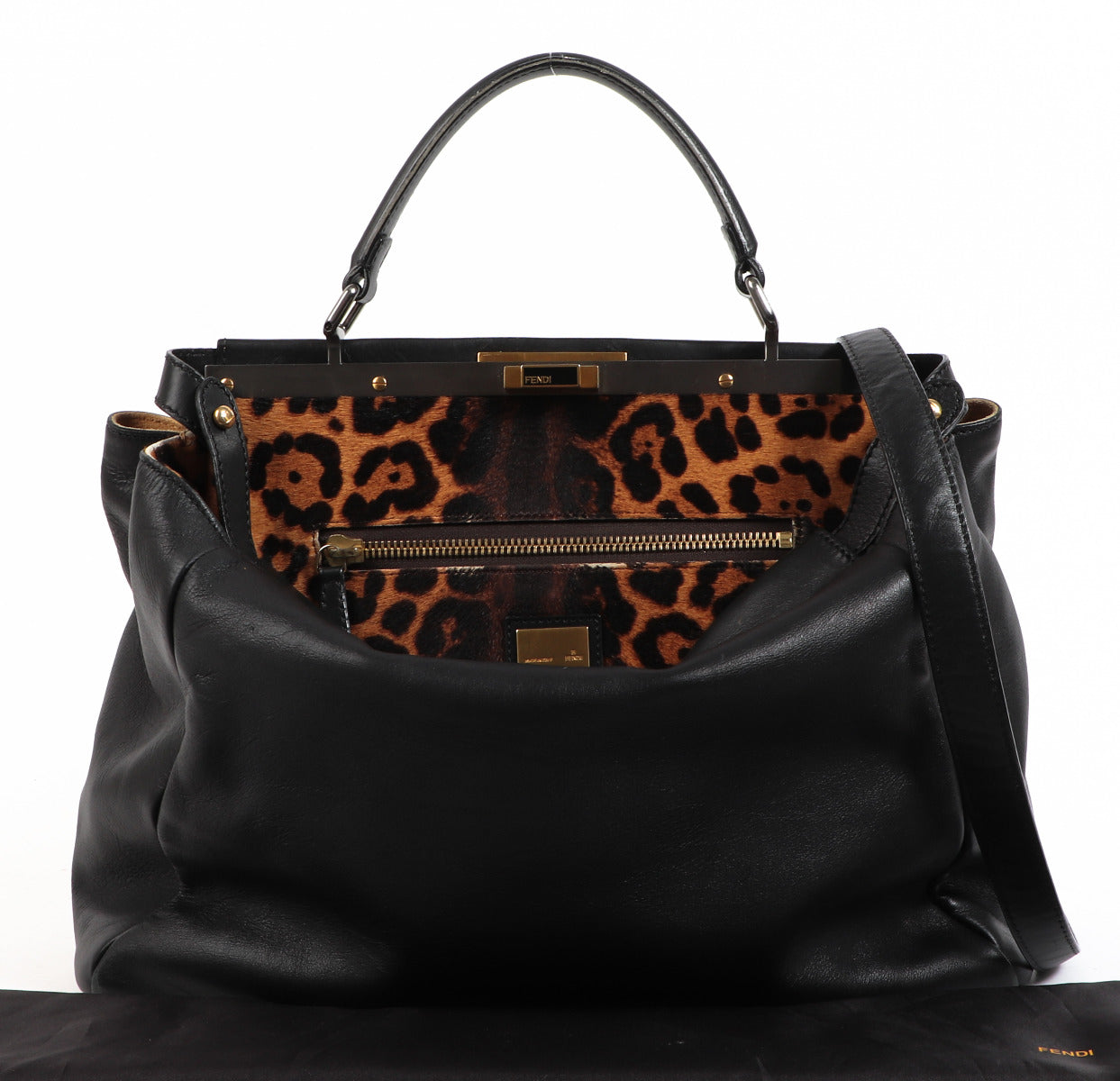 Fendi Black Leopard-Lined Large Peekaboo Iconic Bag
