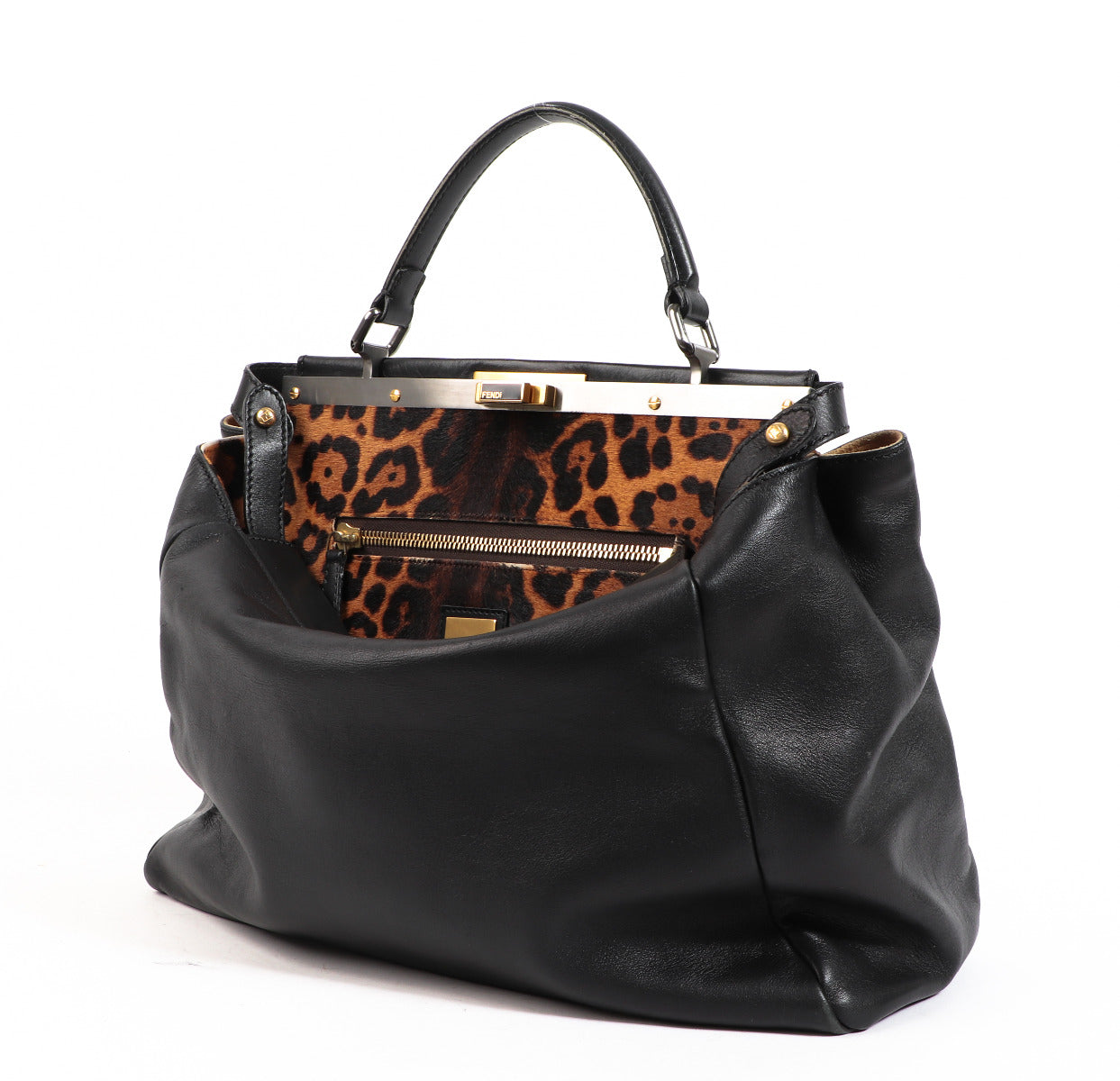 Fendi Zwarte Peekaboo Iconic Tas met Luipaardvoering (Groot)