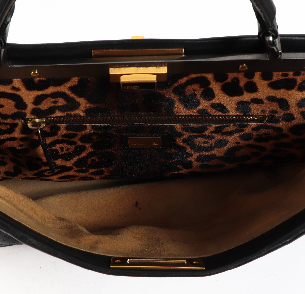 Fendi Zwarte Peekaboo Iconic Tas met Luipaardvoering (Groot)