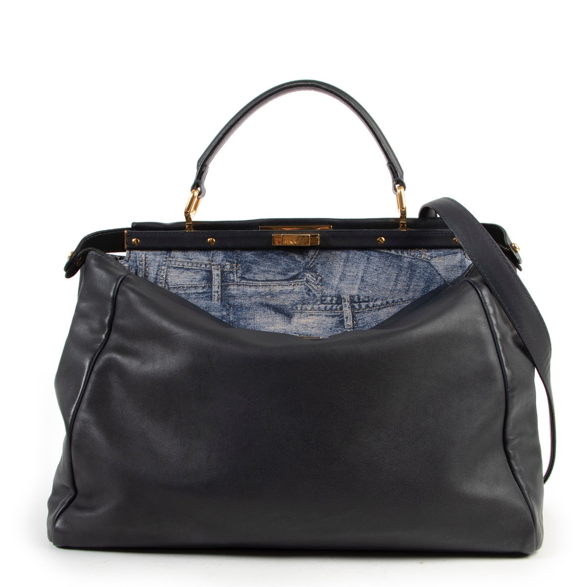 Fendi Dark Blue Denim Zucca Peekaboo Satchel Bag