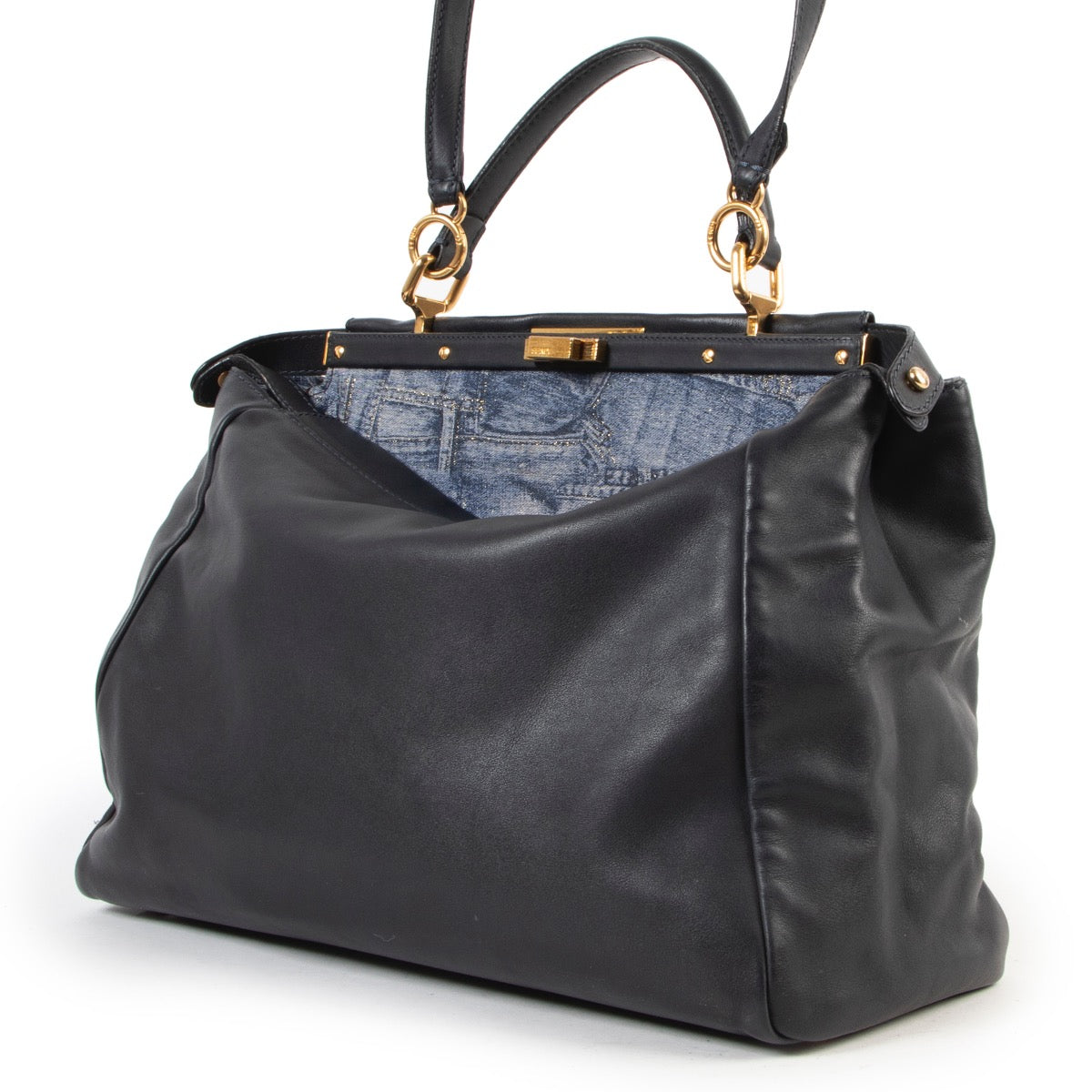 shop safe online Fendi Dark Blue Denim Zucca Peekaboo Satchel Bag