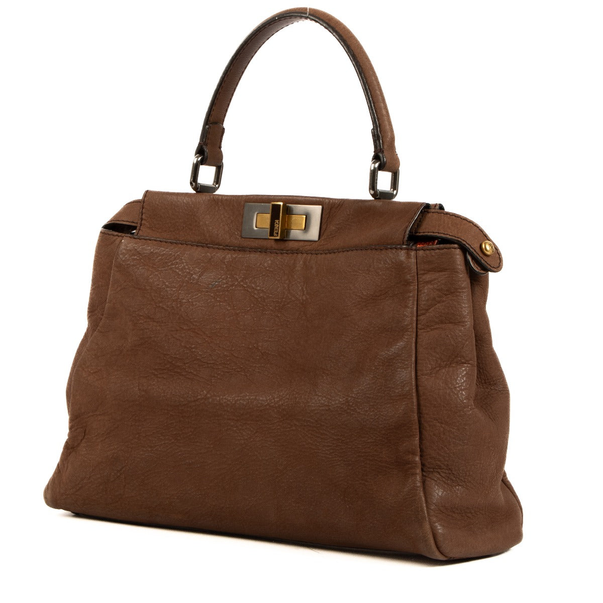 Sac emblématique Peekaboo moyen Fendi en nubuck marron et peau de serpent orange