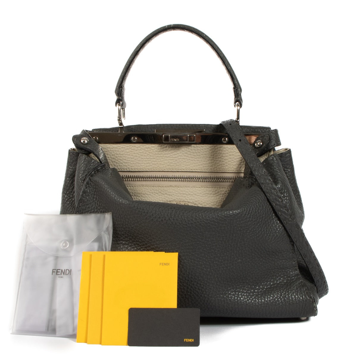Shop 100% authentic second-hand Fendi Grey Grained Leather Medium Peekaboo Top Handle Bag on Labellov.com