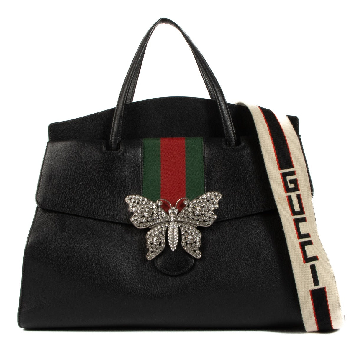 Authentic second hand Gucci Black Crystal Butterfly Large Linea Totem Bag on www.labellov.com