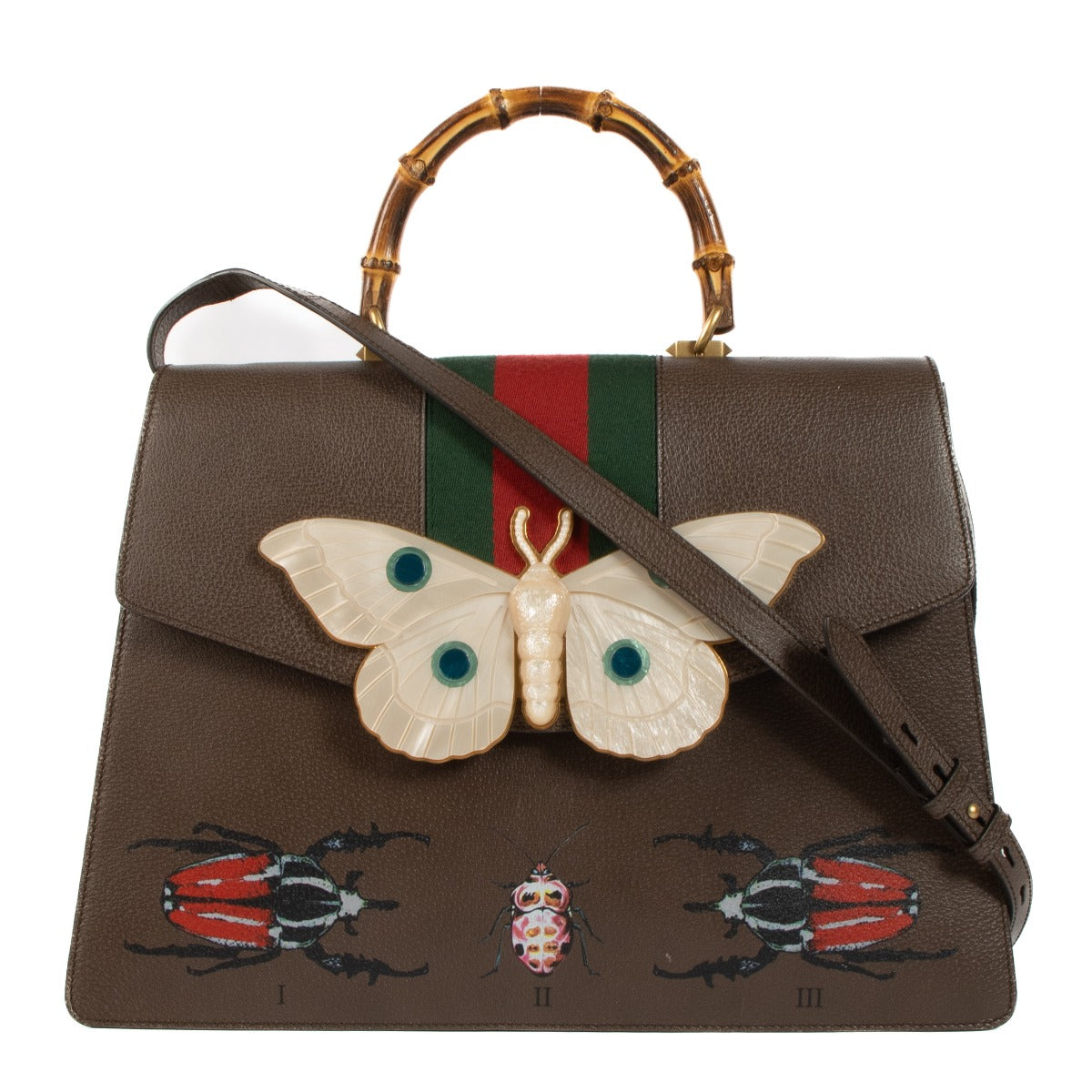 Buy online authentic second hand Gucci Taupe Leather Web Falena Moth Bamboo Top Handle in very good condition at Labellov in Antwerp