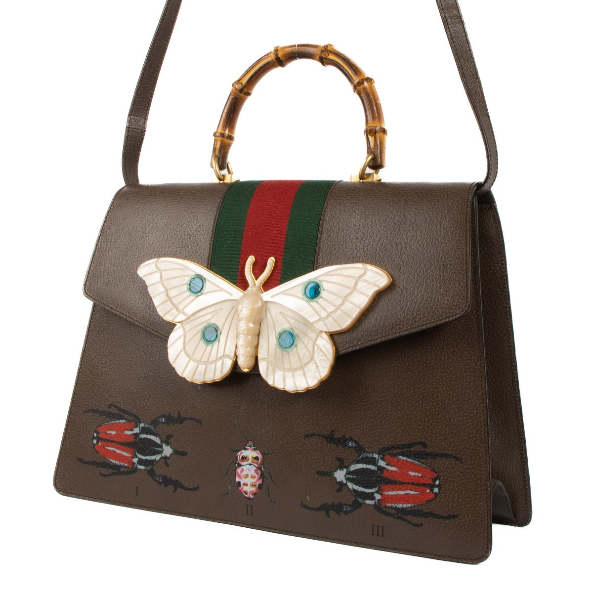 Buy online authentic second hand Gucci Taupe Leather Web Falena Moth Bamboo Top Handle in very good condition at Labellov in Antwerp
