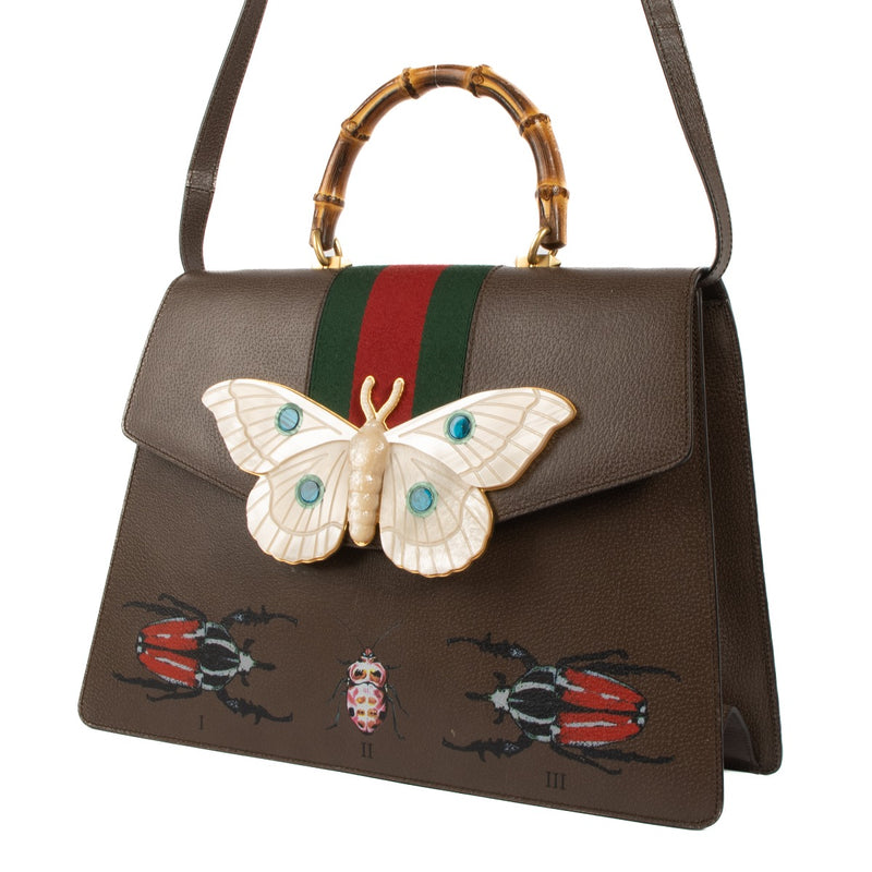 Buy online authentic second hand Gucci Taupe Leather Web Falena Moth Bamboo Top Handle in very good condition at Labellov in Antwerp