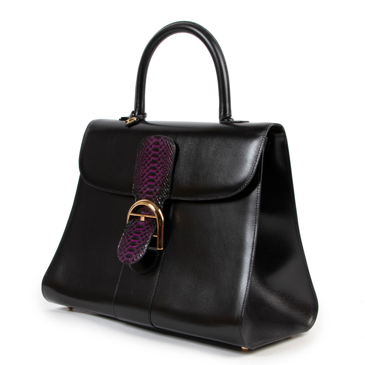 Delvaux Brillant GM Black Boxcalf Purple Python Flap