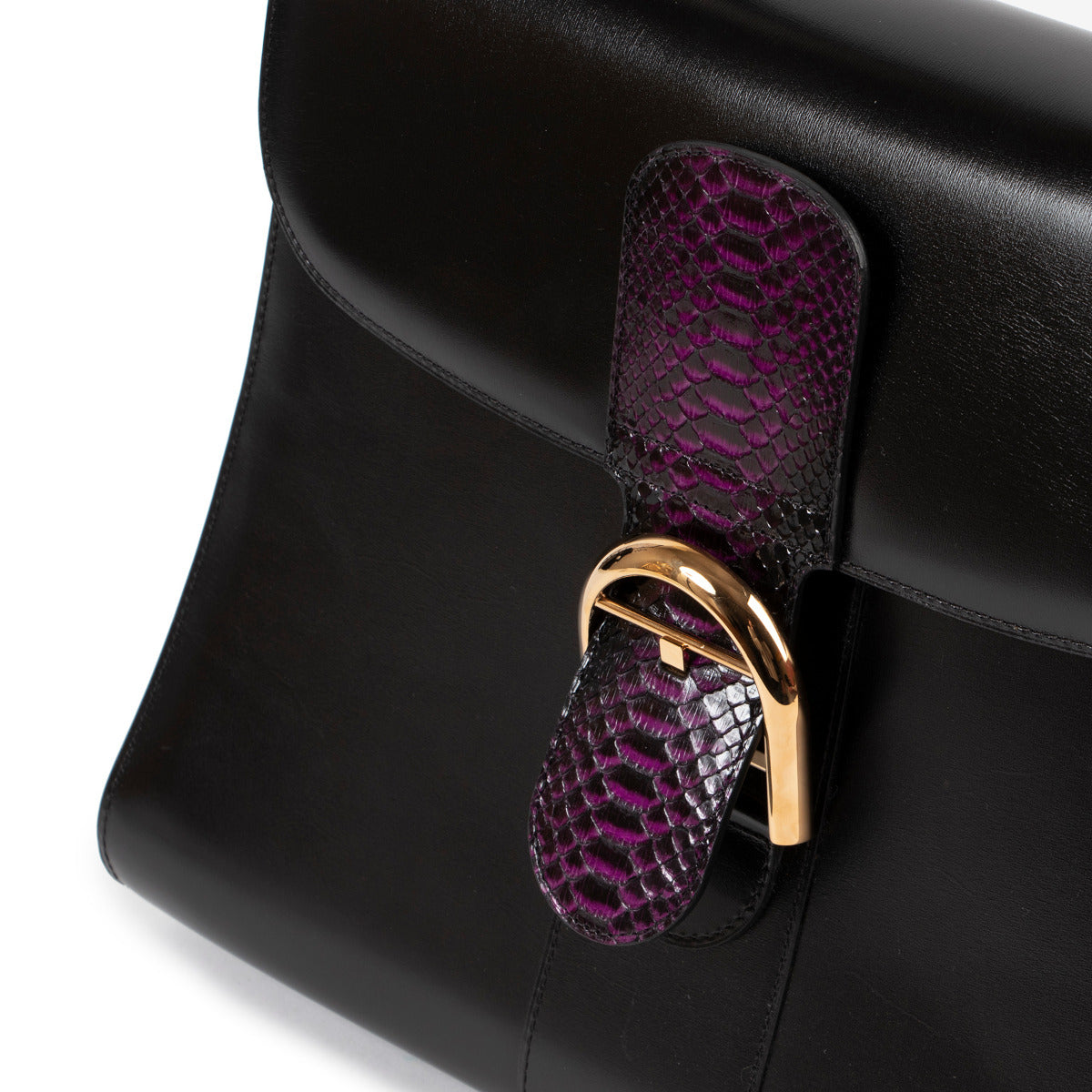 Delvaux Brillant GM Black Boxcalf Purple Python Flap