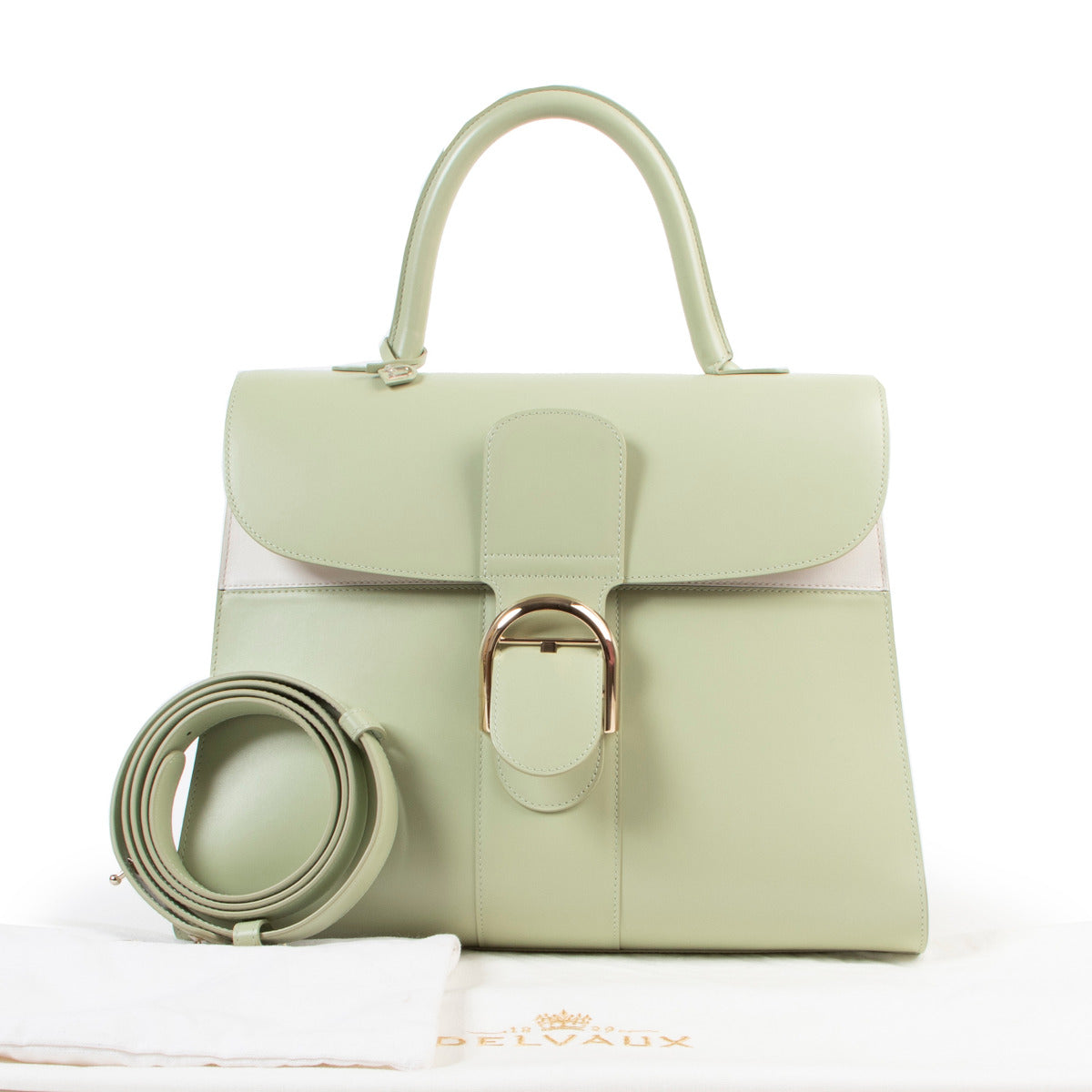100% authentic Delvaux Pistache Green Colorblock Brillant GM for sale at Labellov secondhand luxury in Antwerp