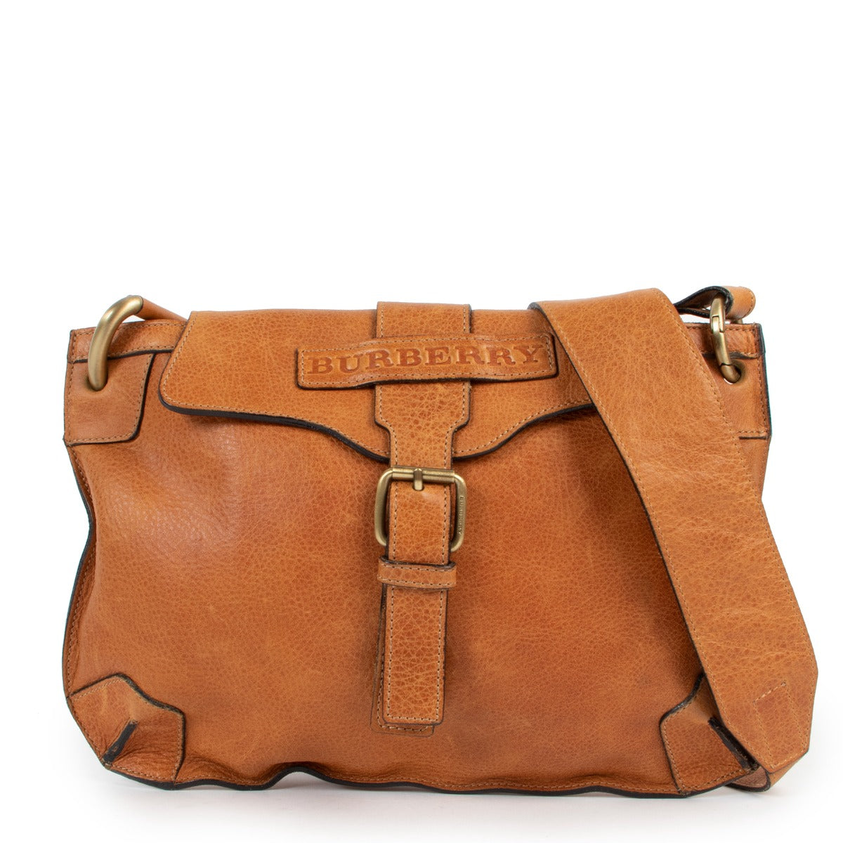 Vintage second hand Burberry London Camel Leather Messenger Bag at Labellov