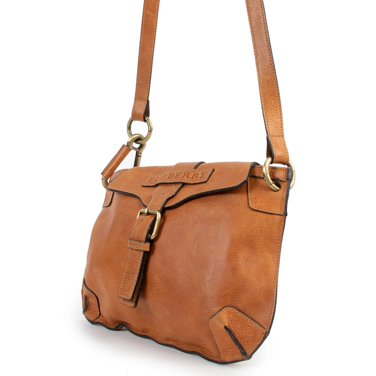 Vintage second hand Burberry London Camel Leather Messenger Bag at Labellov