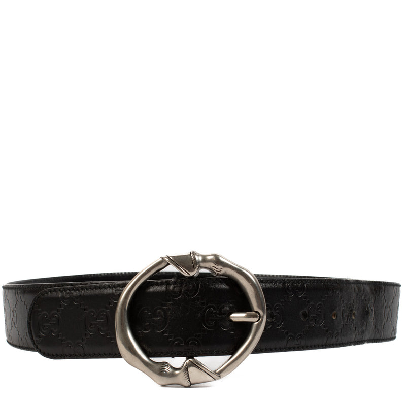 Gucci Black Leather Monogram Belt - size 90