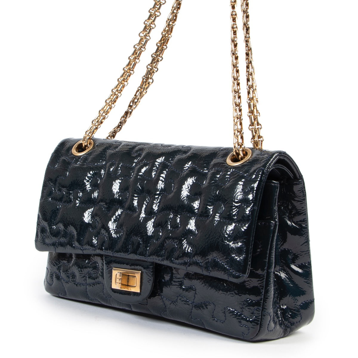 Chanel Puzzle 2.55 Reissue Blue Patent Flap Bag for sale online at Labellov secondhand luxury