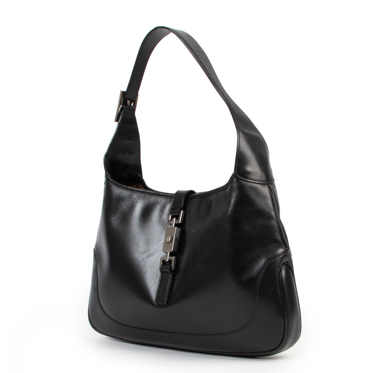 Authentieke tweedehands Gucci Black Leather Jackie 1961 medium hobo bag designer tassen mode luxe vintage webshop veilig online shoppen