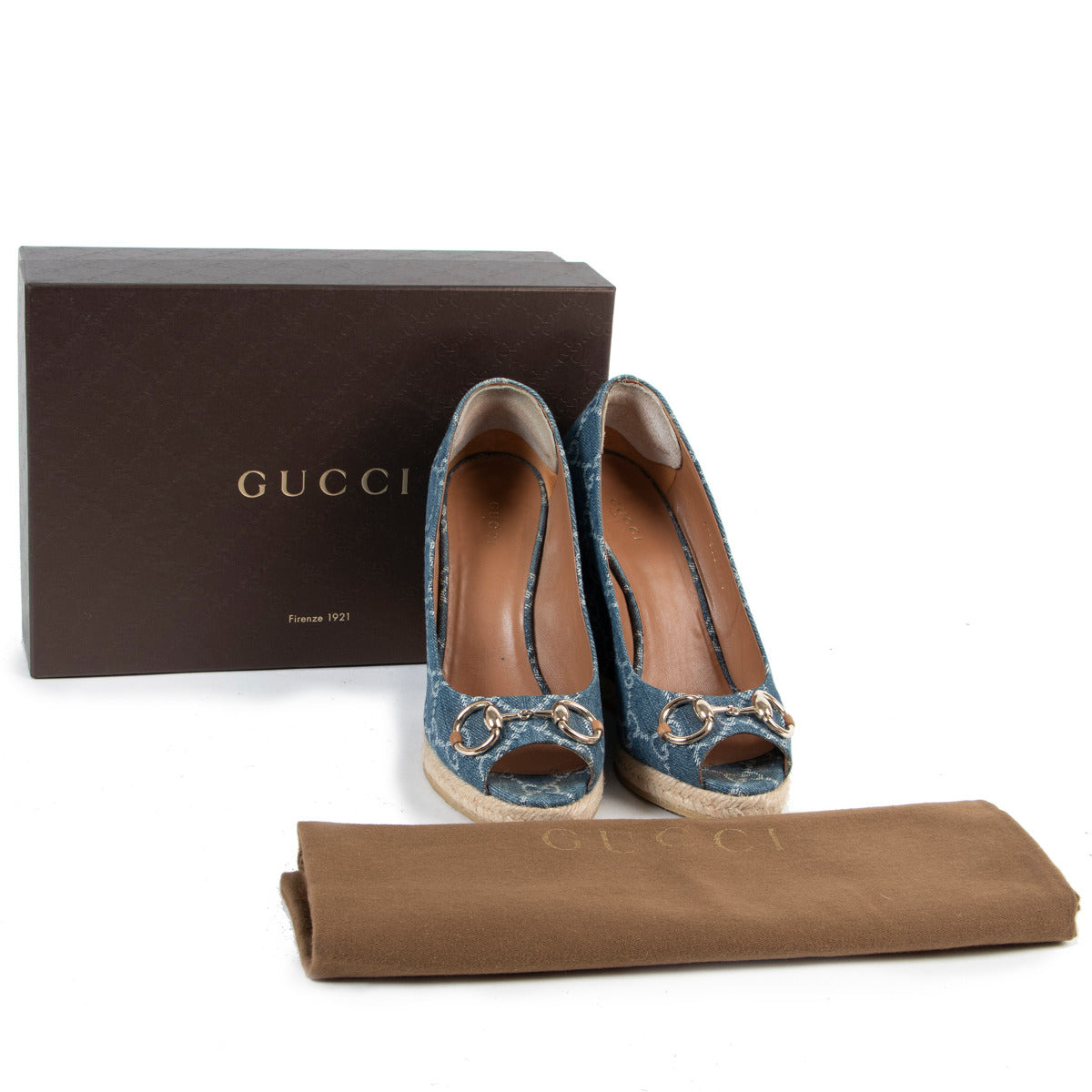 Gucci Blue Denim Horsebit Wedge Heels - size 38.5