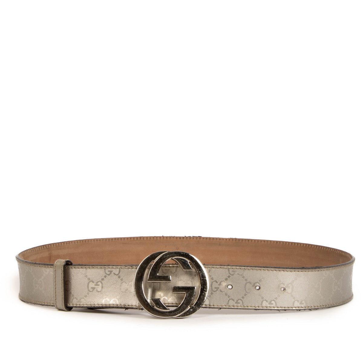 Shop safe online at Labellov in Antwerp, Brussels and Knokke this 100% authentic second hand Gucci Silver Imprime GG Coated Canvas Belt - size 85