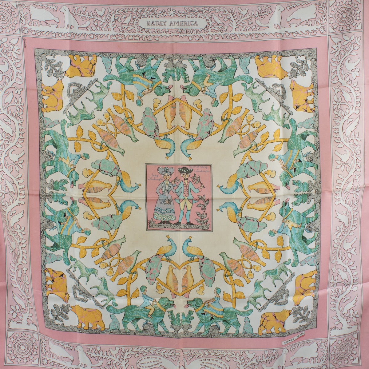 Shop safe online at Labellov in Antwerp, Brussel and Knokke this 100% authentic second hand Hermès Multicolor Early America Silk Carré 90 Scarf