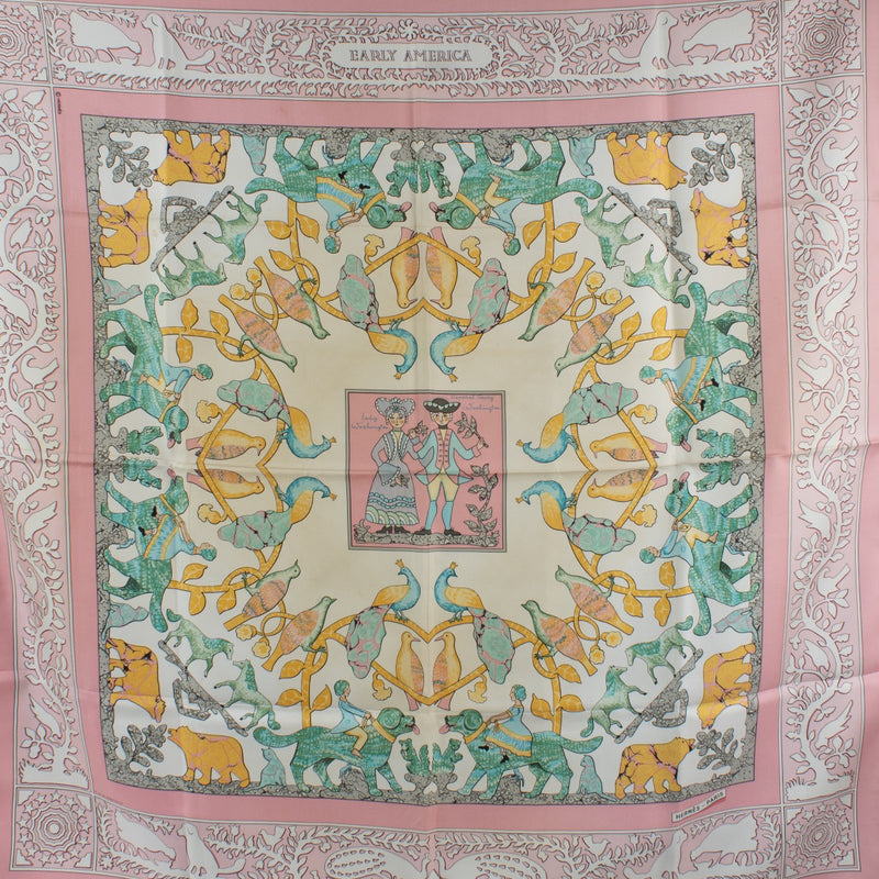 Shop safe online at Labellov in Antwerp, Brussel and Knokke this 100% authentic second hand Hermès Multicolor Early America Silk Carré 90 Scarf