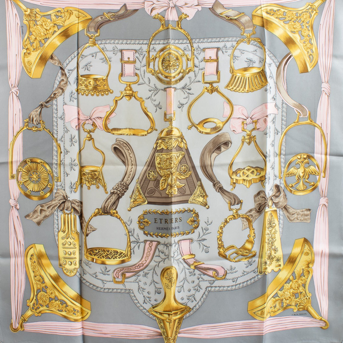 Authentic pre-loved Hermès Grey/Pink Silk Etriers 90 Scarf on Labellov.com