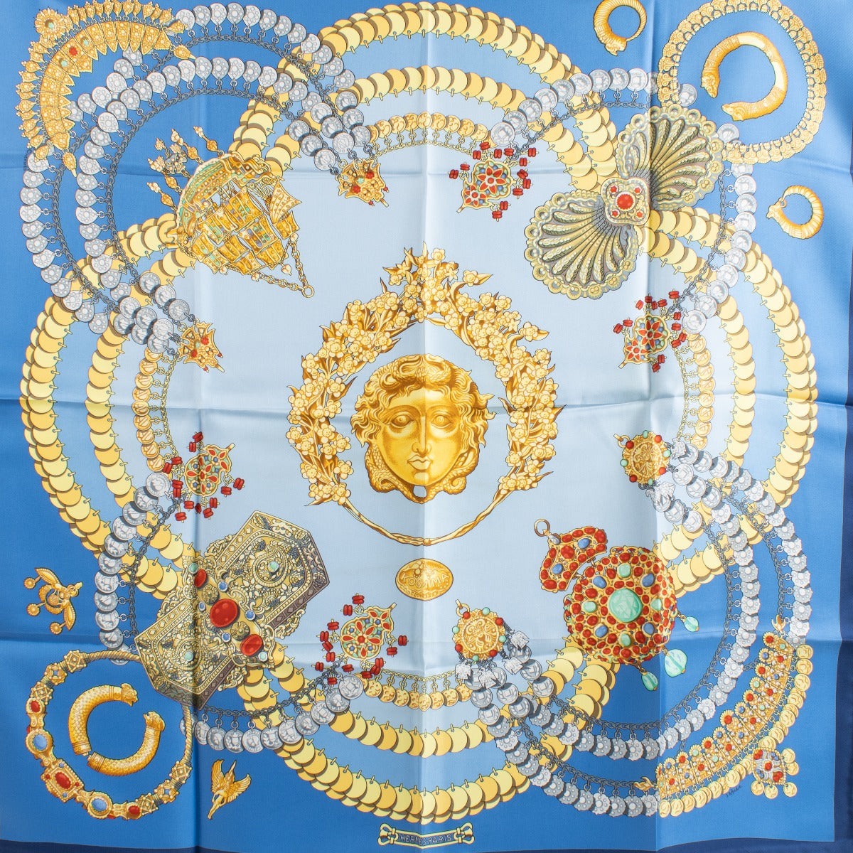 Authentic pre-loved Hermès Blue Silk Kosmima 90 Scarf on Labellov.com