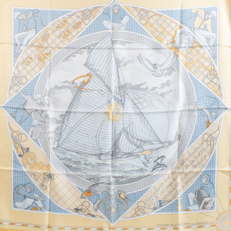 Authentic pre-loved Hermès Yellow Voyage Au Loree Silk 90 Scarf on Labellov.com