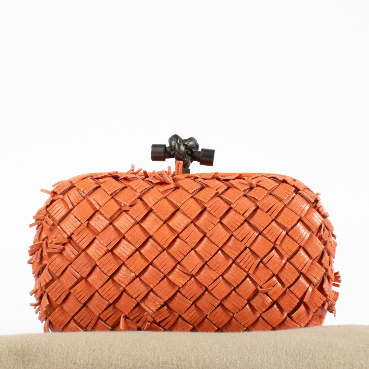 Bottega Veneta Orange Fringed Intrecciato Knot Clutch