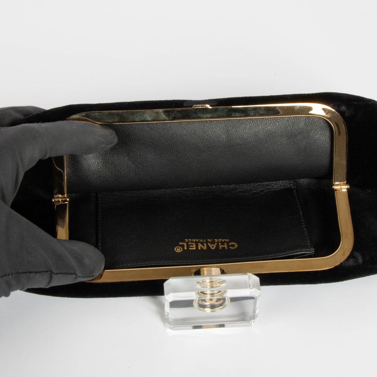 100% authentic Chanel Black Velvet/Leather/Plexiglass Clutch at Labellov.com