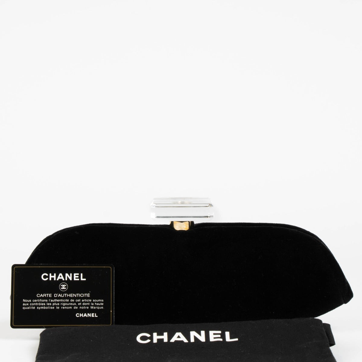 100% authentic Chanel Black Velvet/Leather/Plexiglass Clutch at Labellov.com