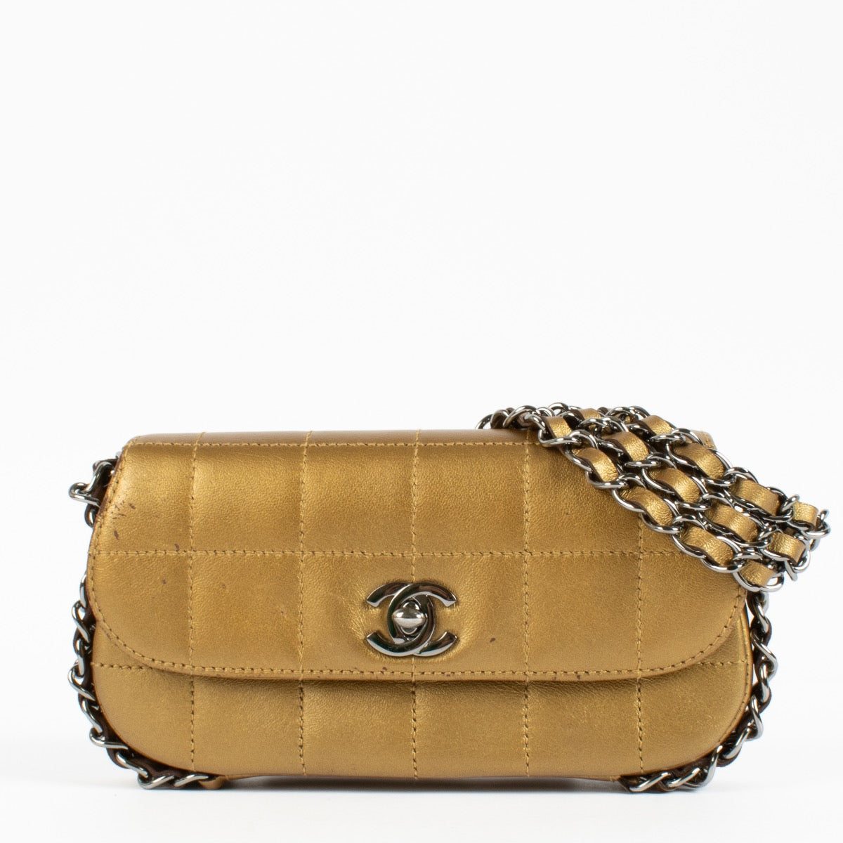Chanel Gold Quilted Chocolate Bar 3 Chain Flap Bag