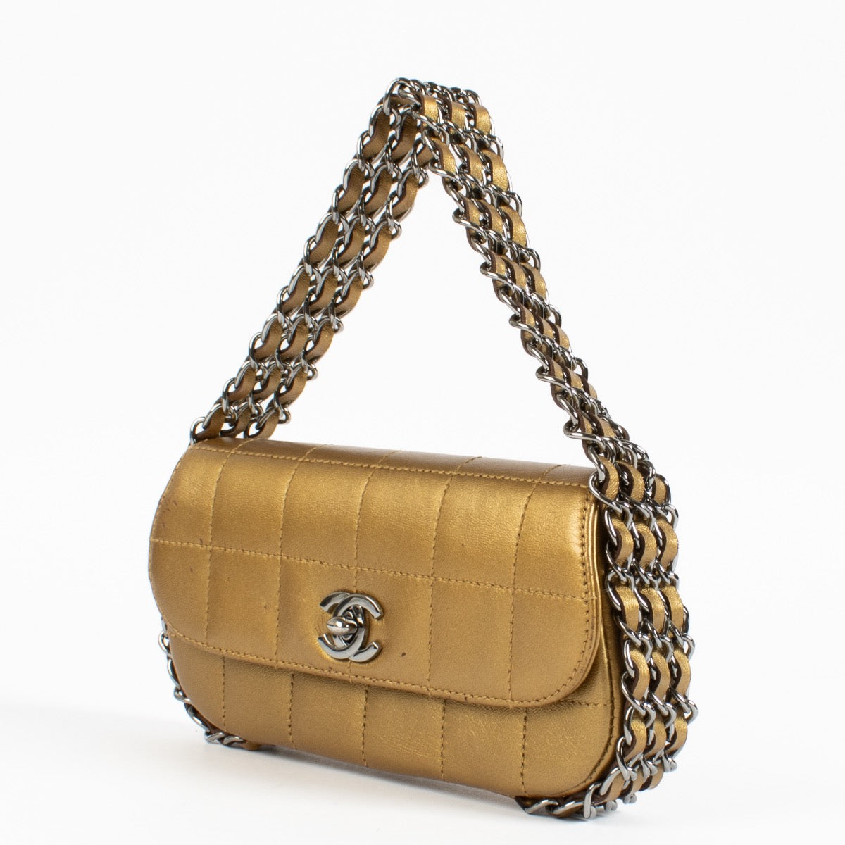 Chanel Gold Quilted Chocolate Bar 3 Chain Flap Bag