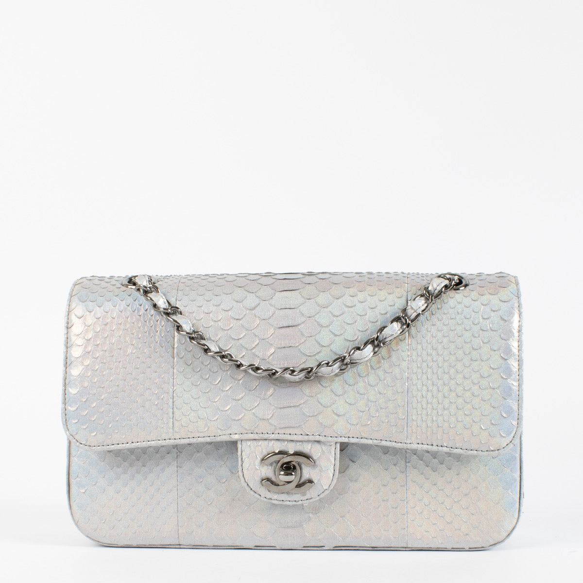 Chanel Silver Rainbow Snake Medium Classic Flap Bag
