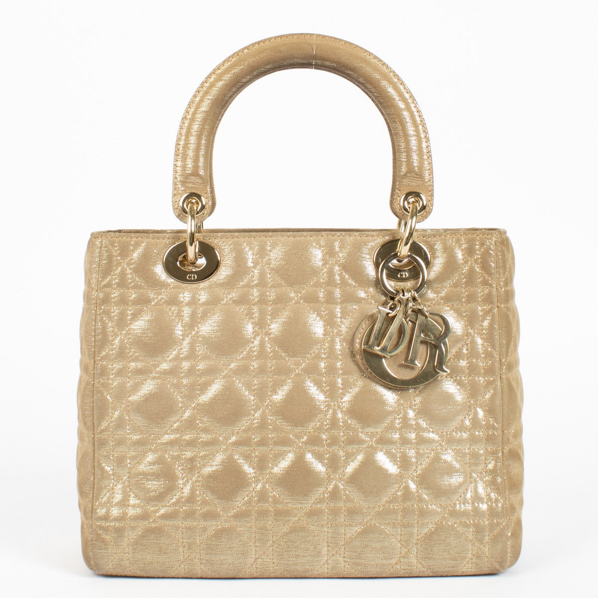 authentic preloved Christian Dior Gold Fabric Medium Lady Dior Short on Labellov.com