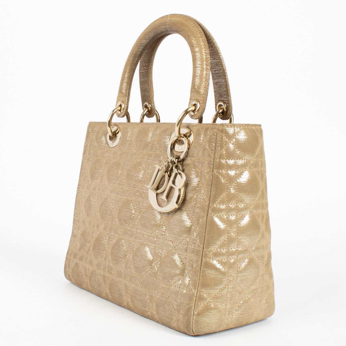 authentic preloved Christian Dior Gold Fabric Medium Lady Dior Short on Labellov.com