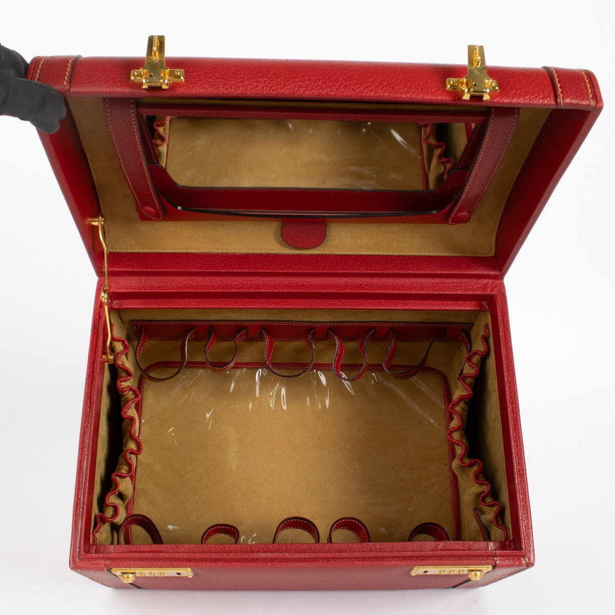 Gucci vintage red leather beauty case with gold locks and mirror interior at Labellov.com