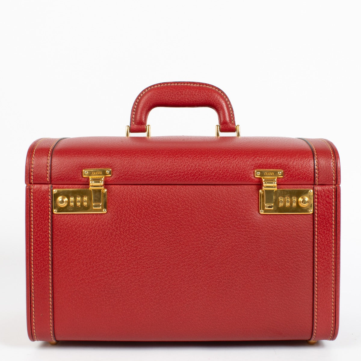 Gucci vintage red leather beauty case with gold locks and mirror interior at Labellov.com