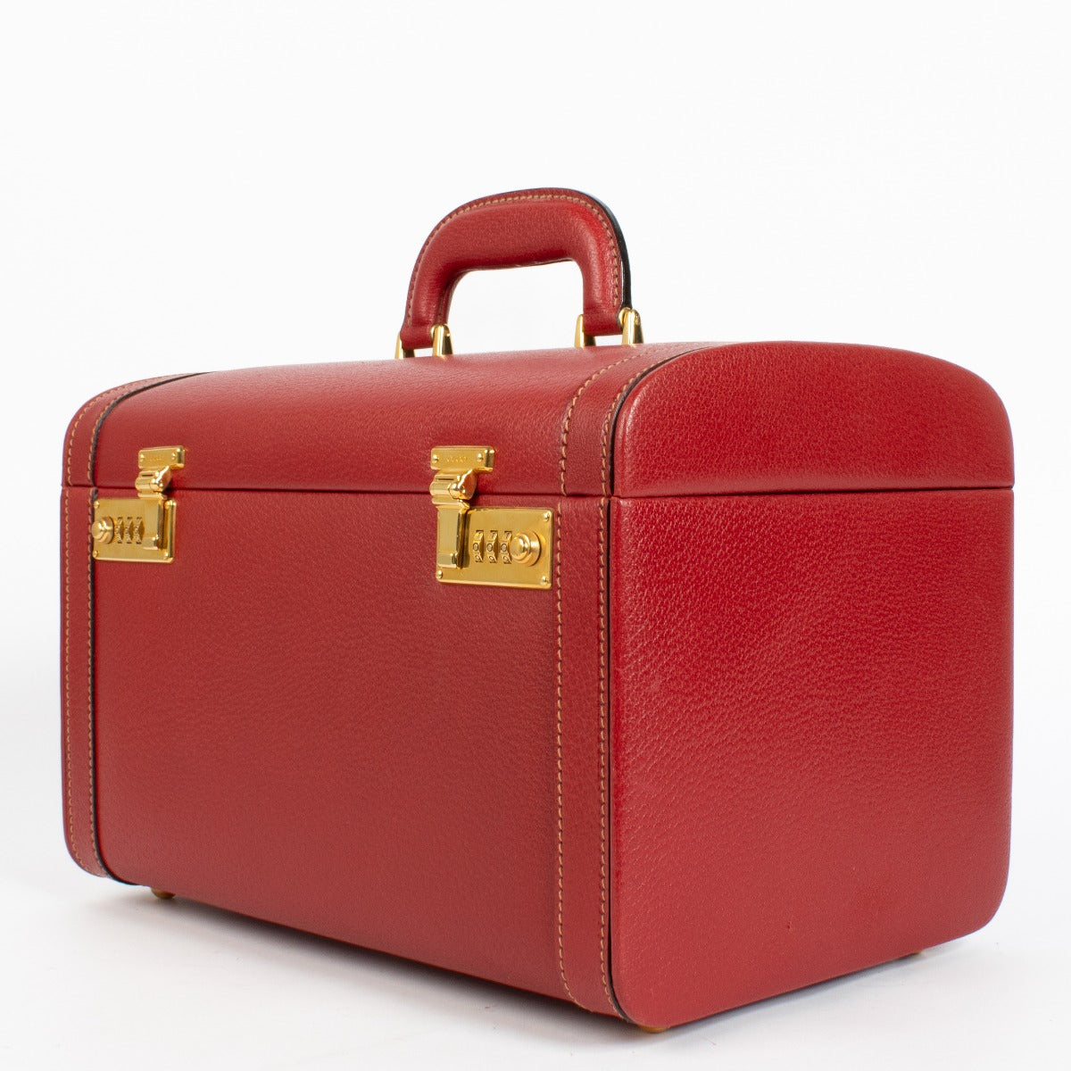 Gucci vintage red leather beauty case with gold locks and mirror interior at Labellov.com